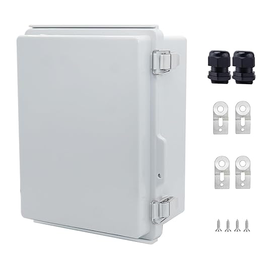 IP67 Waterproof Junction Box, ABS Plastic Electrical Enclosure with Stainless Steel Latch, Hinged Cover Electric Box with Mounting Plate, Wall Brackets & Cable Glands 210x160x100