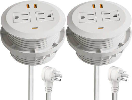 2pcs 3 Inch Desktop Power Grommet,GaN 65W USB C High-Speed Charging Station,3-USB Port,Flush Mounted for 3-1/8" Round Holes,Flat Plug.Desk Grommet Outlet for Workspace,Laptops,6.3ft,White