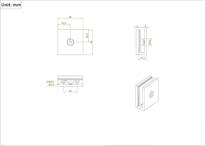 Ranbo Square Frameless Glass Clamp Connector/Shower Door Fixed Panel/Wall-to-Glass Corner Clamp,304 Stainless Steel,for 5/16" - 1/2" (8-12 mm) Thickness Glass,2 PC,Gold