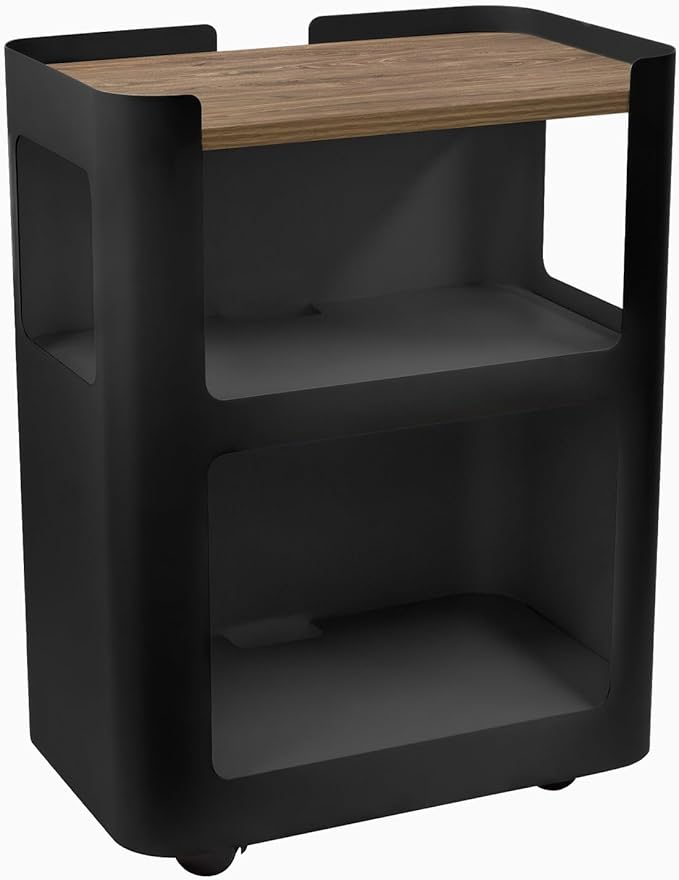 Desky Open Mobile Pedestal - Black Frame/Natural Walnut Top. Compact Office Drawer Cabinet on Wheels