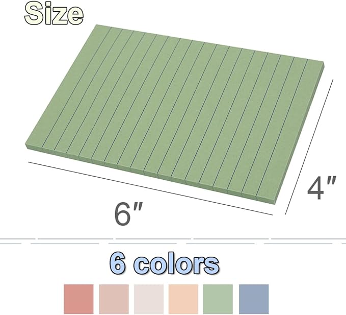 Kozerite (6 Pack) Lined Sticky Notes 4x6 in,Large Notepads with Lines,Ruled Stickies Super Sticking Power,Office School Memo Note Pads Vintage Colors,Post on Windows Doors,Recyclable,Easy to write on