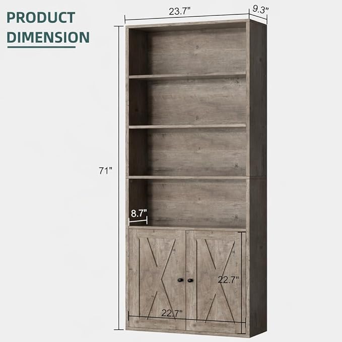 Modern Bookshelf with Doors, Industrial Bookshelves with 6-Tier Shelf, 71 inches Tall Bookcase Display Cabinet with Storage for Home Office, Gray