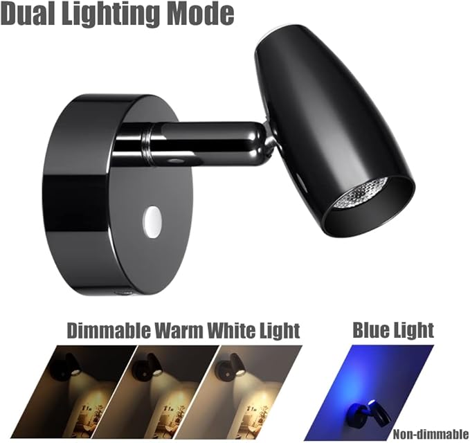 RV Reading Light 12V Swivel LED Spotlight with Quick USB Charger & Blue Nightlight, Camper Van Travel Trailer Bedroom Reading Light, 3-1/2" Length,12-24VDC Hard-Wired (Gloss Black)