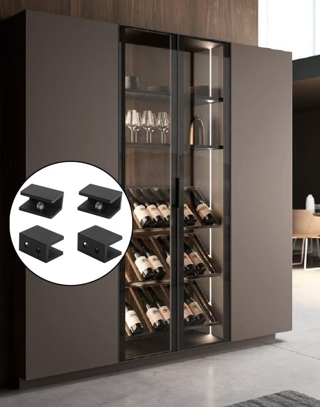 AWEN 8Pcs Square Adjustable Frameless Glass Shelf Bracket Holder, Black Heavy Duty Glass Clamp Clip Support with Screws for Wall Mounted 0.32"(8mm)-0.39"(10mm)