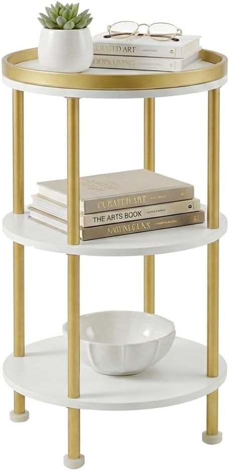 Small Round Side Table, Gold Round End Table with White Shelves, 3-Tier Modern Nightstand for Bedroom & Living Room, 21.7" H Narrow Gold Accent Table for Small Spaces, Dorm, Nursery (White & Gold)