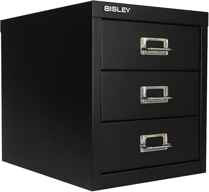 Bisley 3-Drawer Steel MultiDrawer Cabinet - Black, Chrome Pull Handles with Label Holders, Powder-Coated Steel, Removable Drawers, Desktop Storage, Labels Included