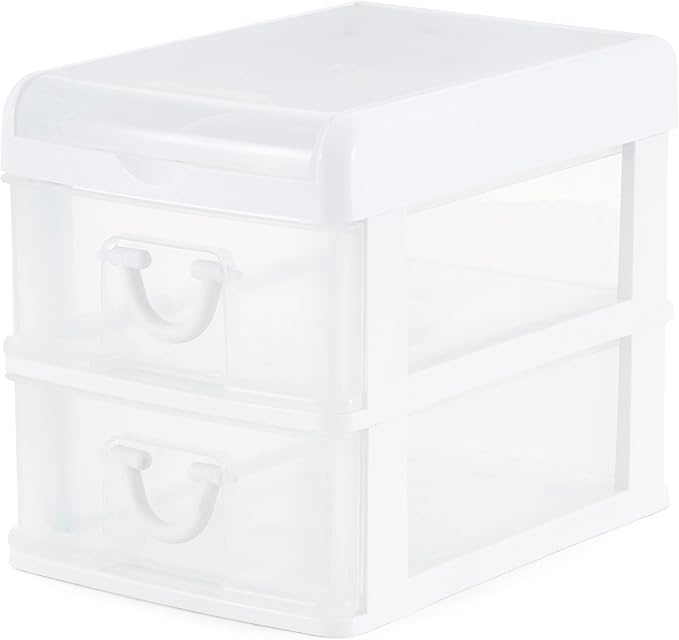 Gracious Living 2 Drawer Desktop & Countertop Organizer with Flip Top Lid for Office Supplies and School Supplies, White/Clear (2 Pack)
