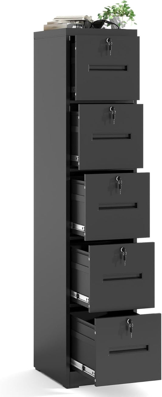 IKIMI 5 Drawer File Cabinet with Lock,Vertical Filing Cabinet with 5 Lockable Drawers,Black Metal File Cabinet for Home Office Steel File Cabinets for A4/Letter/Legal Size File,Assembly Required