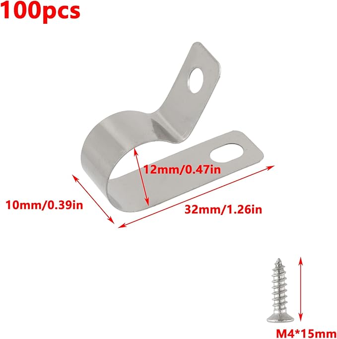 Antrader R-Type Cable Clips,12mm/0.47" Cable Clamps with Screws,304 Stainless Steel,100Pcs