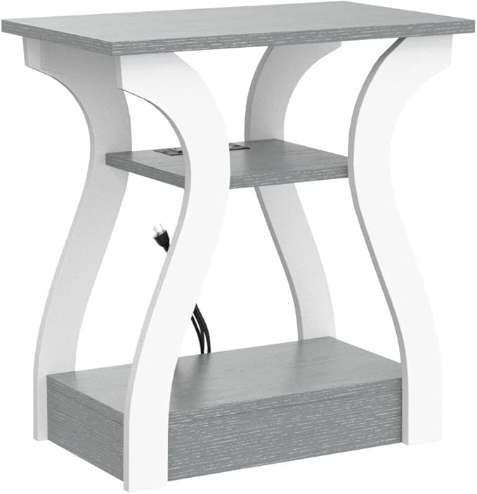 FROMJBEST End Tables Living Room, Grey End Table with Charging Station, Grey Side Table, Nightstand for Bedroom, 3 Tier End Table with Storage Shelf for Living Room