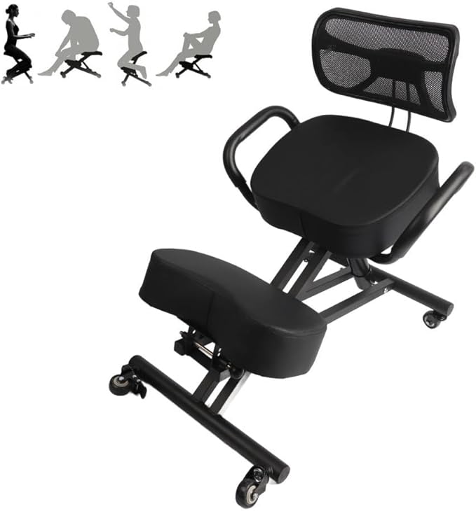 Ergonomic Height Adjustable Breathable Kneeling Chair Back Support Kneeling Chair with Leather Cushion Comfortable Mesh Backrest, Spine Alignment Support