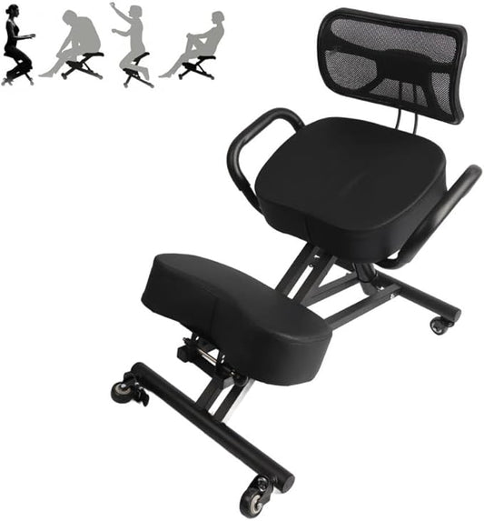 Ergonomic Height Adjustable Breathable Kneeling Chair Back Support Kneeling Chair with Leather Cushion Comfortable Mesh Backrest, Spine Alignment Support