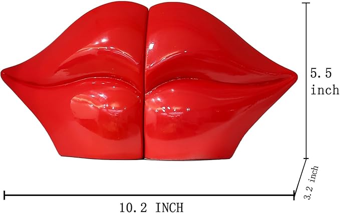 Red Lips Decorated Bookends，Set of 2 Heavy Decorative Book Stoppers，Unique Resin Decoration，Creative Desktop Red Decor for Study Room Hotel Office Shelves