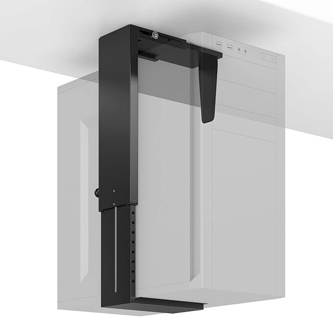 Under-Desk PC Mount - Adjustable PC Tower Holder 8 1/4"-12 15/16" inch Wide, Supports CPU up to 50 lbs, Steel Computer Case Bracket with Protective Padding, Black