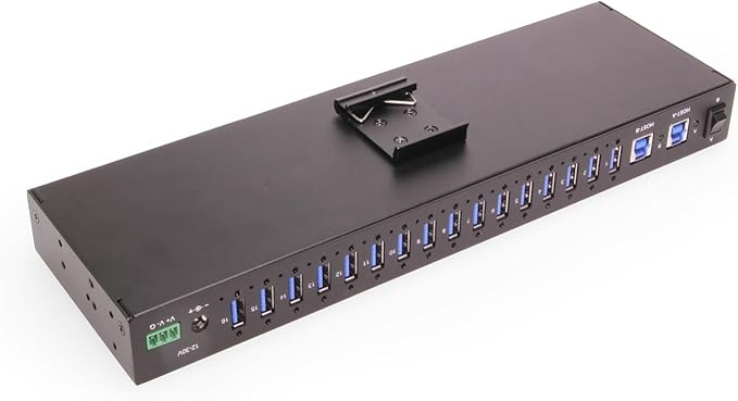 Gearmo 16-Port Rack Mount USB Hub - Powered USB 3.0 Type A Ports, Dual Upstream Ports, 5Gbps Speed, ESD Surge Protection, 1U Rack Industrial USB Hub
