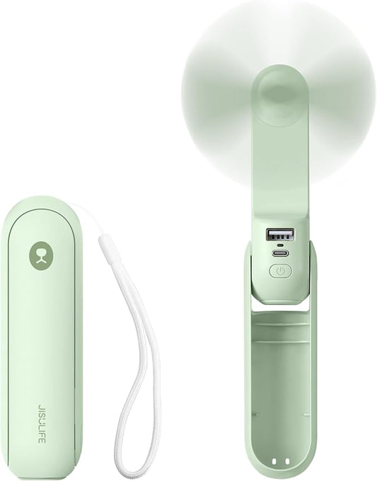 JISULIFE Portable Handheld Fan, Mini Personal 3-In-1 with Power Bank&Flashlight, 12-19 Hrs USB Rechargeable Battery Pocket Fan for Travel/Summer/Vacation/Concert, Essential Gifts for Men/Women-Green