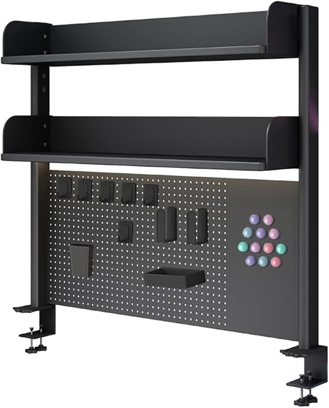 Clamp on Desk Shelf with Pegboard, Desktop Organization Bookshelf Storage Shelves for Home Office Dorm Gaming Desk, Space Saving Tabletop Display Rack