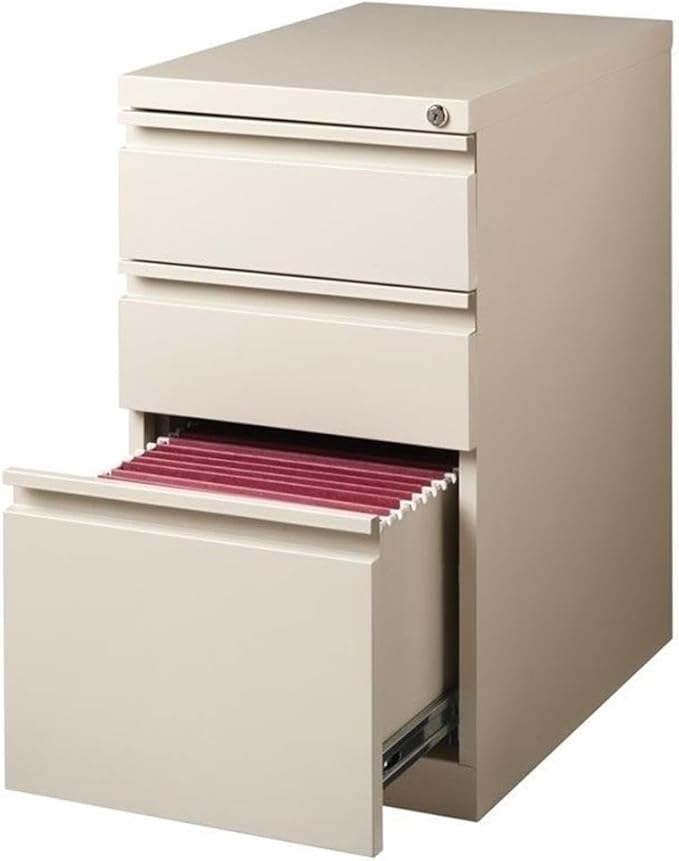BOWERY HILL Mobile Pedestal Filing Cabinet, 20" Deep, Steel Construction, Putty/Beige Finish, 3-Drawer Box/Box/File Configuration, Lockable, Hidden Casters, Letter-Size Hanging File Storage