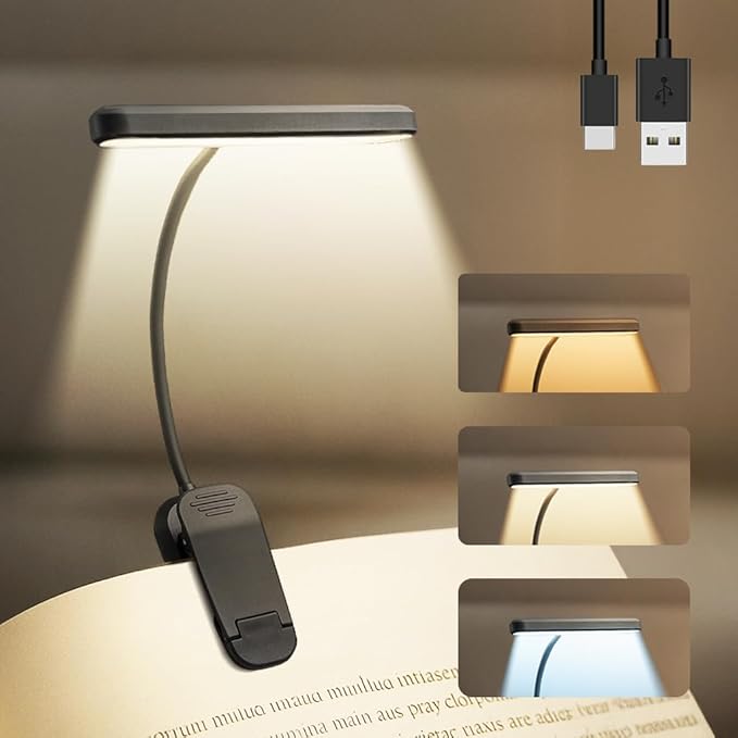 Rechargeable Book Lights for Reading at Night 25 LED - Eye Caring 15 Level Stepless Dimming, Extended 90Hrs Runtime, Lightweight Clip on Light, Gifts for Book Lovers, Black