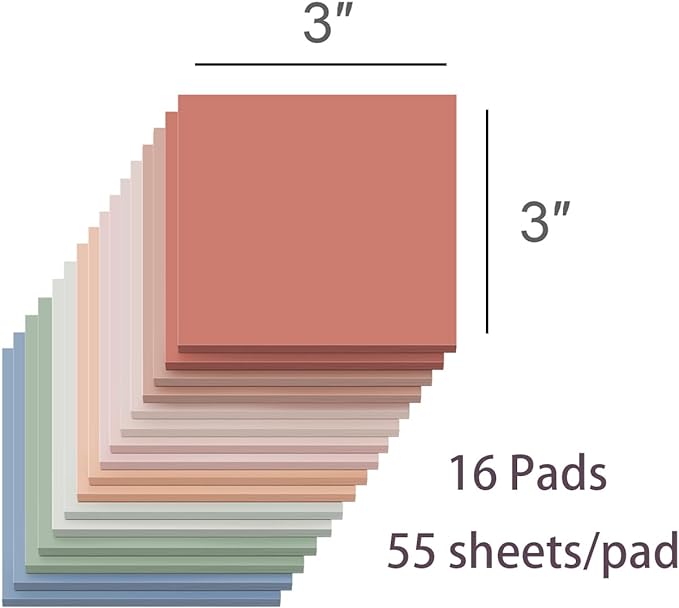 (16 Pack) Sticky Notes 3x3, Vintage Colors, Sticky Pads, Recyclable, Easy to Stick for Home, Office, Notebook