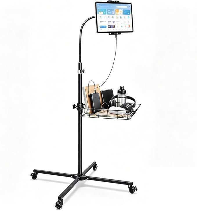 wishacc Rolling Tablet Floor Stand with Industrial Wheels & Storage Basket, Adjustable Height Gooseneck Tablet Stand Floor Holder for iPad Pro 12.9, Air, Mini, Cell Phones (Medium)