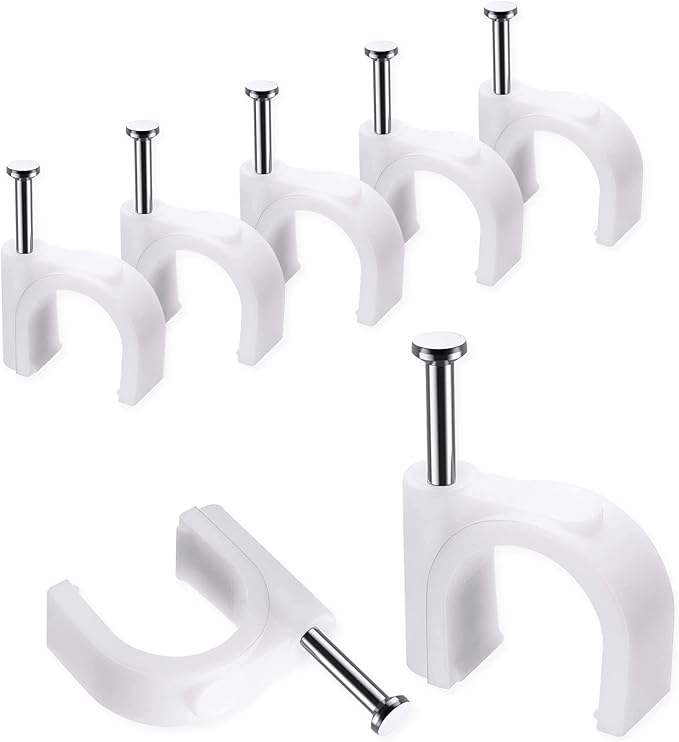 Abnii Cable Clips, 100 Pcs, 10mm, Wire Wall Clips with Steel Nails, Cable Management Organizer Clips, Cable Tacks Coax Holder Clips, RG6 RG59 CAT6 RJ45 Cable Cord Clips, White
