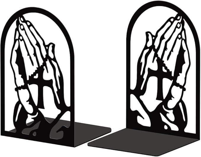 Peacoblue Metal Bookends for Shelves, Modern Decorative Heavy Duty Study Book Support Stoppers for Office, Desk, Shelf, Room 5.3"x4.3"x7.8" Cast Iron Tall Bookends, 1 Pair (Praying Hands and Cross)
