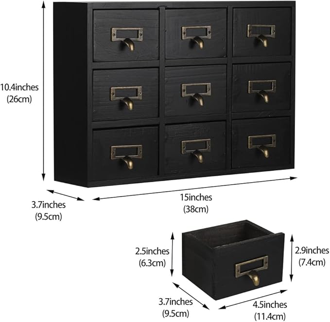 09 Drawers Apothecary Cabinet with Drawers Tabletop Apothecary Chests and Cabinets Library Card Catalog Cabinet Herb Storage Box Wooden Desk Drawer Organizer Medicine Vintage Furniture(BLACK)
