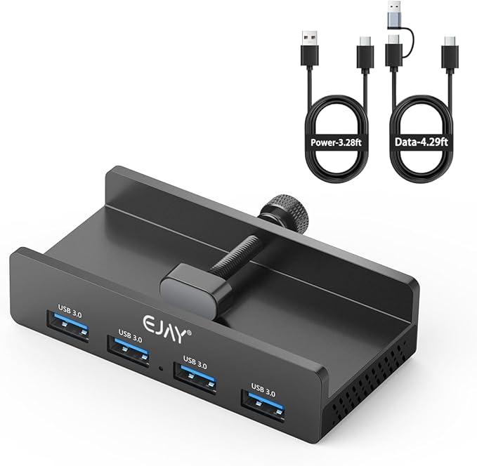 EJAY 4-Port USB 3.0 Hub with Clamp, High-Speed Data Transfer, Extra Power Supply Port, 59in Data & 39in Power Cables for Desk/Monitor