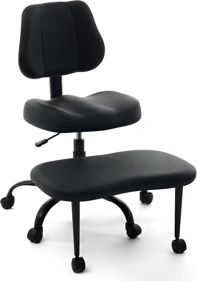 Criss Cross Legged Meditaion Chair,Exquisite Home Office Furniture,Ergonomic Kneeling with Lumbar Support and Adjustable Height Stool,for ADHD Adults,Teddy Fabric (Dark, Faux Leather)