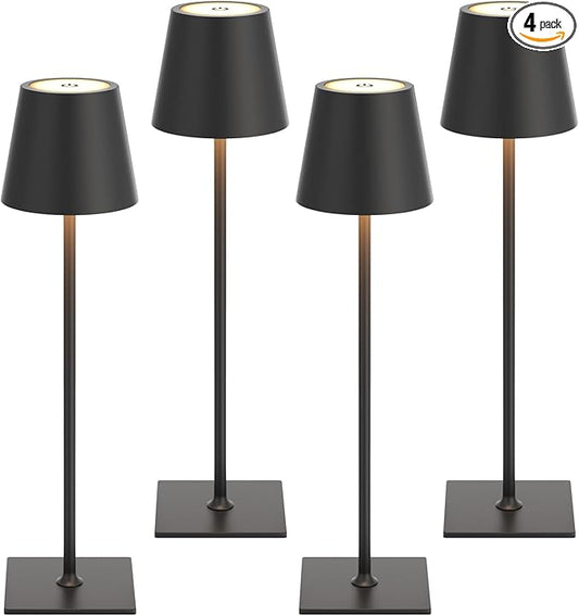 Kakanuo Cordless Rechargeable Table Lamp Black 5000mAh Battery Operated Lamps, 3 Colors Stepless Dimming Touch Lamp for Dining, Living Room, Outdoor Patio, Kitchen Counter, 4 Pack
