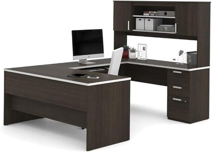 Pemberly Row U-Shaped Computer Desk, Dark Chocolate Finish, 93.6 in x 65 in x 65.9 in, Durable Melamine Surface, Hutch Storage, Lockable File Drawer, Keyboard Tray, Reversible Office Desk