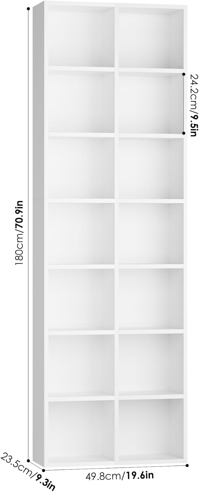 FOTOSOK 71'' Tall Bookshelf with 14 Cubes, 7 Tier Double Wide White Bookshelf with 6 Adjustable Shelves, 19.6" Narrow Bookcase DVD/CD Media Storage, Space Saving Display Shelf Cabinet, White