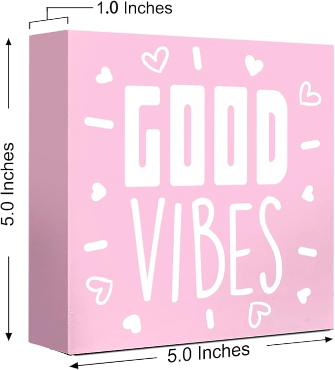 LVQHI Pink Decor For Desk, Good Vibes Sign Wood Box,Inspirational Office Desk Decor For Women, Small Motivational Home Bedroom Table Accessories Decoration Signs 5"x5"x1.2" In