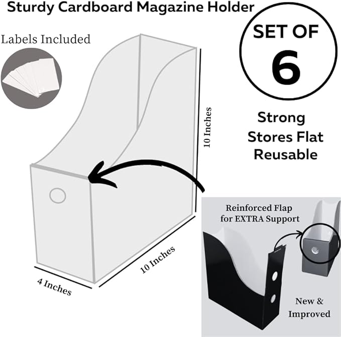 Evelots Magazine File Holder - Set of 6 Black - Office Desk Organizer - Sturdy Cardboard - New Upgraded Double Front Panel for More Stability - Full 4 Inch Wide - Easy Assemble