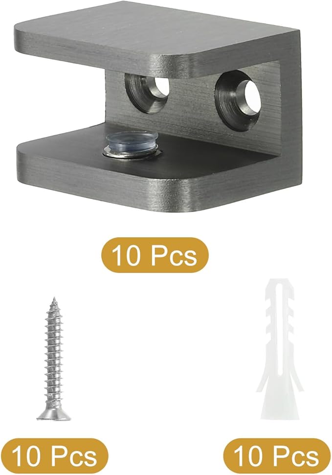 uxcell Glass Shelf Clamp, 10Pcs Brass Glass Clamp for 10-12mm Thick Glass, Adjustable Glass Shelf Bracket Support Holder, Black