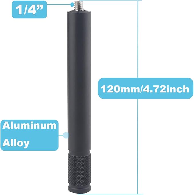 1/4" Thread Extension Mount – Heavy-Duty 4.7" (12cm) Aluminum Tube | Male & Female 1/4"-20 Screws | CNC-Machined for DSLR, Action Cam, Phone Mounts | Car & Tripod Use