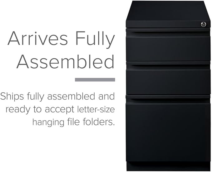 BOWERY HILL 20" 3-Drawer Modern Metal Mobile Pedestal Filing Cabinet in Black, Lockable, Sturdy Steel Construction, Mobile Office Storage, Durable Document Organization
