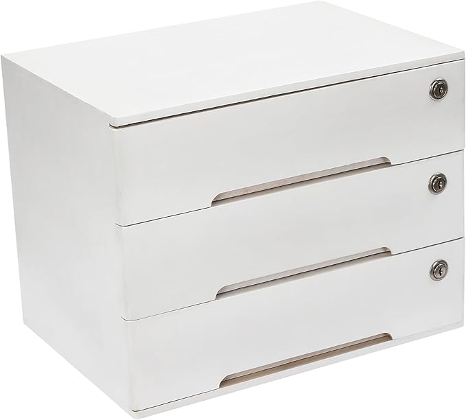Wooden Desk Organizer with Drawers & Lock, Desktop Countertop Storage Cabinet Lockable Home Office Supplies File Tabletop Organizing Unit (3 Drawers - Modern White)