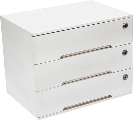 Wooden Desk Organizer with Drawers & Lock, Desktop Countertop Storage Cabinet Lockable Home Office Supplies File Tabletop Organizing Unit (3 Drawers - Modern White)