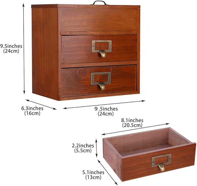Wooden Storage Box Desk Organizer with 2 Drawers and 6 Grids Apothecary Drawers Small Craft Storage Containers Jewelry Holder for Women (Glass Brown02)