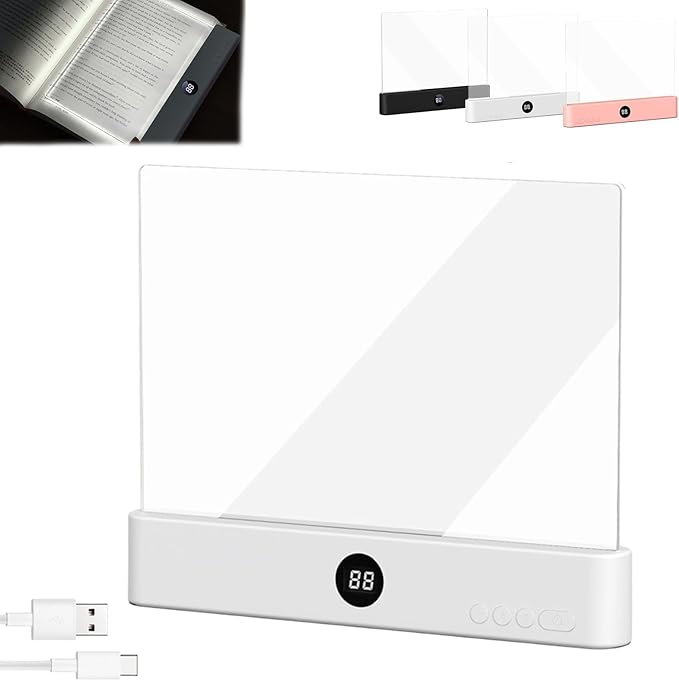 LED Reading Light, Rechargeable Clear Flat Book Light with 3 Colors & Timer, Dimmable Book Lights for Reading at Night, Doodleable Panel Plate Lamp Full Page Lights, for Book Lovers (White)
