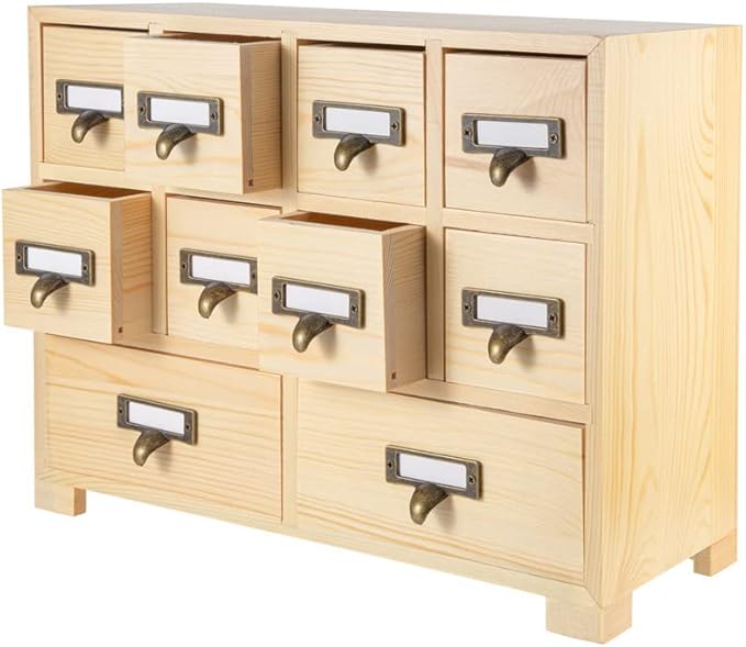 Apothecary Cabinet with 10 Drawers & Labels Rustic Library Card Catalog Cabinet Desktop Wooden Storage Box for Organize Herbal、Tea Bag、Jewelry (Wood)