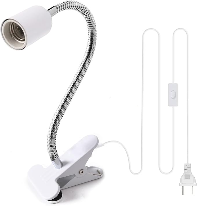Clip on Light E26/E27 Metal Clamp Light Socket with Plug and Switch 360° Flexible Rotatable for Bedside Office Basement Reptile Plant Illumination Clip Lamp White (No Bulb)