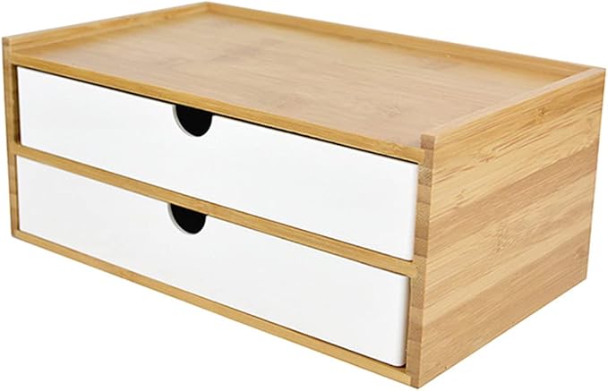WAYUTO 2-Tier Bamboo Desktop Organizer Simple Wooden Tabletop Storage Organization Box Multi-Scene Drawer Units for Home Bathroom Office White 2-Drawer
