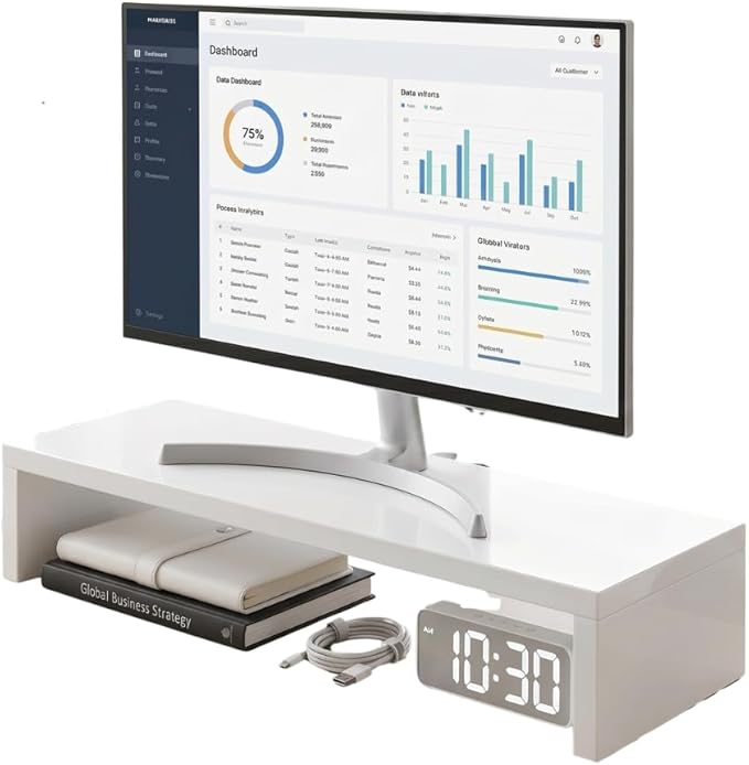 Wood Monitor Stand Riser for Desk - Ergonomic Computer & Laptop Stand with Under-Desk Storage, Single-Tier, Sturdy Desktop Organizer for Home Office, Printer & Monitor Holder, 19.7 x 6.2 x 2.63 in (White)
