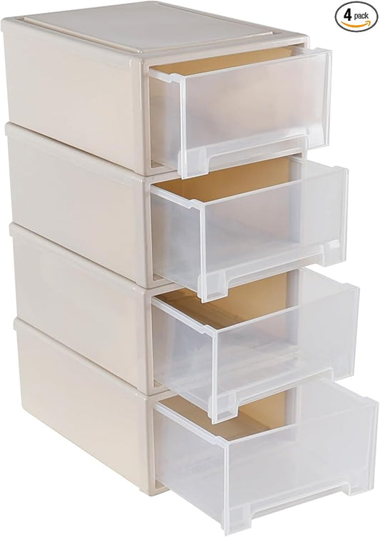 4-Pack 19 Quart Stacking Drawer, Clear Storage Closet Organizer, Yellow Frame, Stackable Modular Plastic Drawers for Clothes, Accessories, Craft Supplies, Shoes or Linens