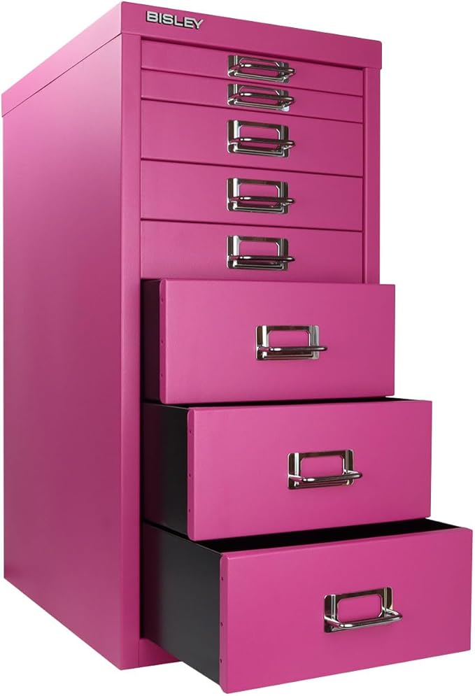 Bisley 8-Drawer Steel MultiDrawer Cabinet - Fuchsia, Chrome Pull Handles with Label Holders, Powder-Coated Steel, Removable Drawers, Fits Under Most Desks, Labels Included