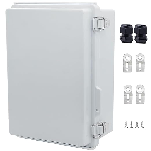 IP67 Waterproof Junction Box, ABS Plastic Electrical Enclosure with Stainless Steel Latch, Hinged Cover Electric Box with Mounting Plate, Wall Brackets & Cable Glands 290x190x140