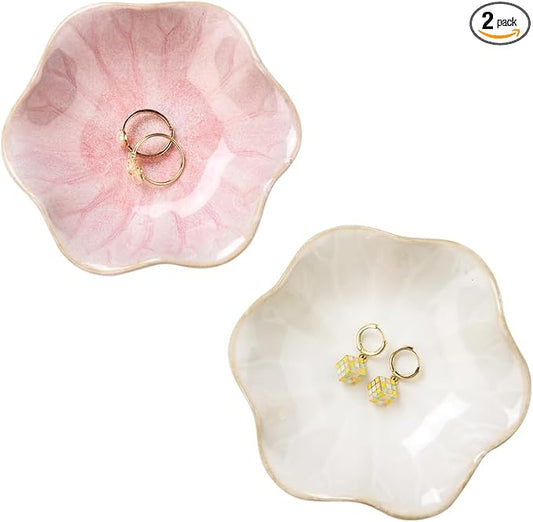 JAMEND CLXP 2PCS Lotus Leaf Shape Ring Holder Dish, Small Key Bowl, Ceramic Trinket Tray Jewelry Dish Organizing Necklace Earrings for Mom Friend Sister, All Jewelries Are NOT Included. White +Pink.…